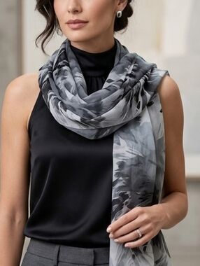 Elegant Gray and Black Floral Print Sheer Scarf